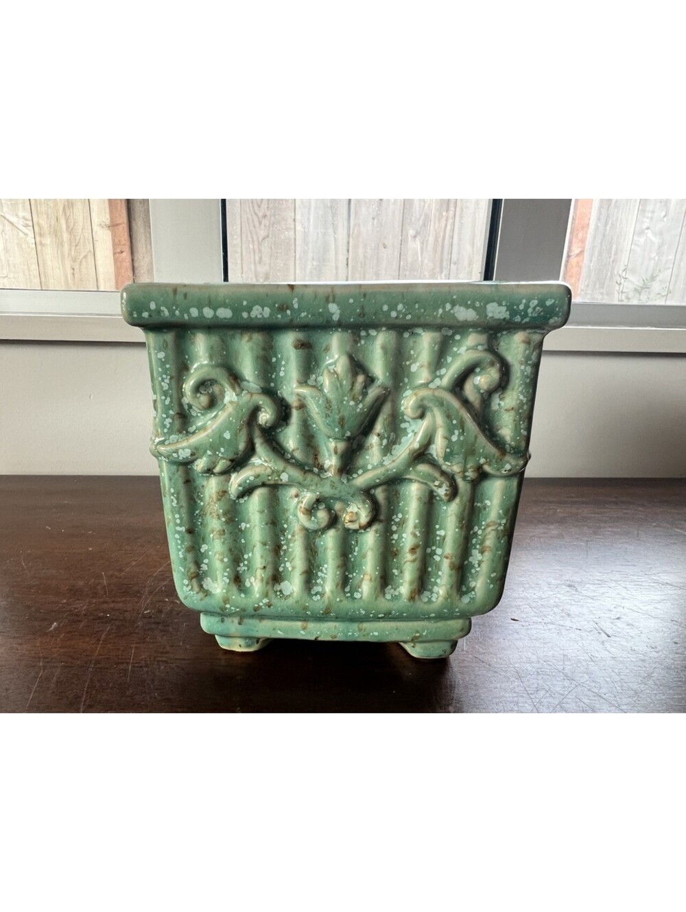Vintage Green Glazed Square Ceramic Planter Embossed Scroll Floral 4.5"